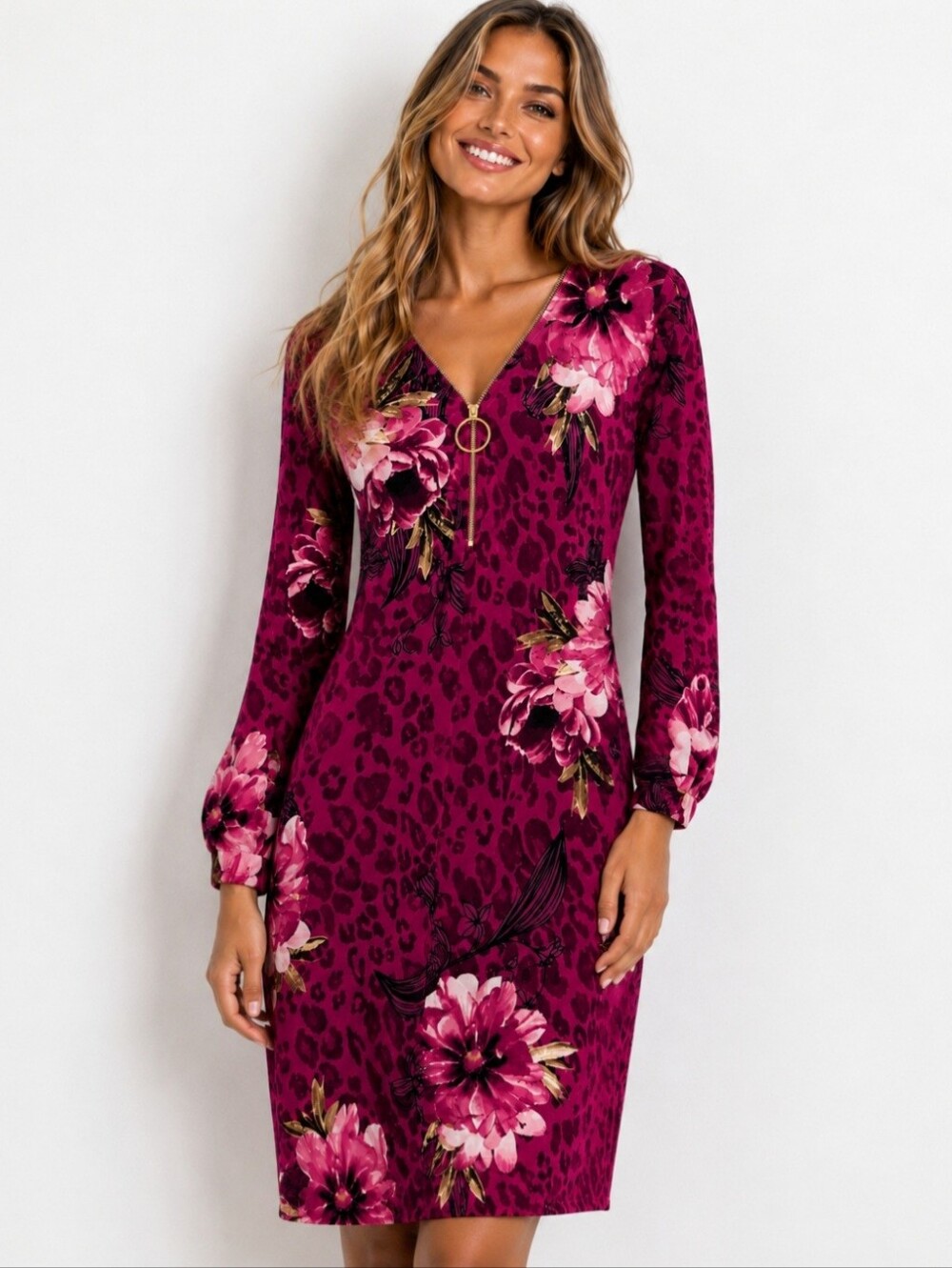 JM Collection Magenta Floral V-Neck Long Sleeve Dress (Large)